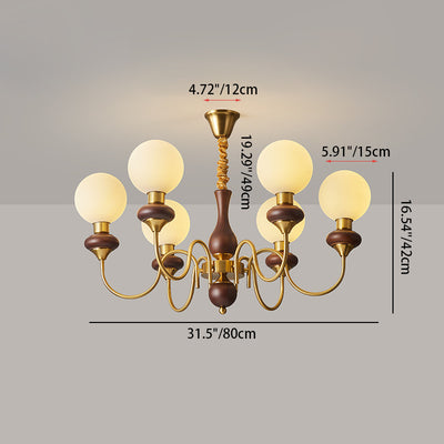 Contemporary Retro Curved Rod Candelabra Round Globe Iron Wood Frame Glass Shade 3/6/8 Light Chandelier For Living Room