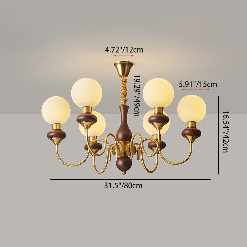 Contemporary Retro Curved Rod Candelabra Round Globe Iron Wood Frame Glass Shade 3/6/8 Light Chandelier For Living Room