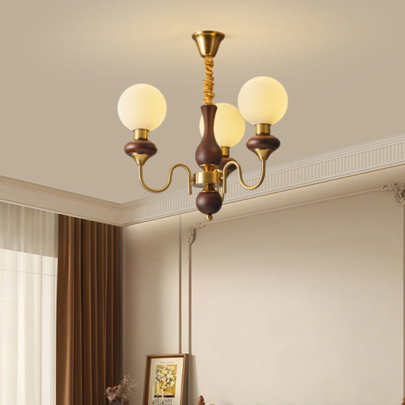 Contemporary Retro Curved Rod Candelabra Round Globe Iron Wood Frame Glass Shade 3/6/8 Light Chandelier For Living Room