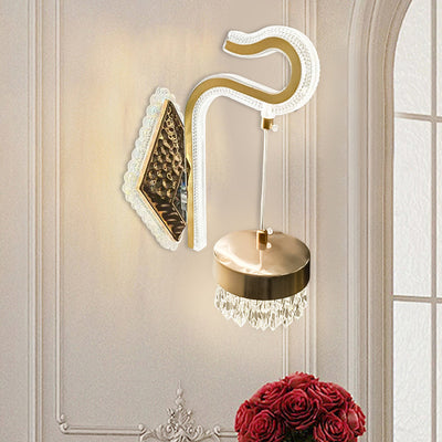 Modern Luxury Round Diamond Curved Hook Iron Acrylic Shade LED Wall Sconce Lamp For Living Room