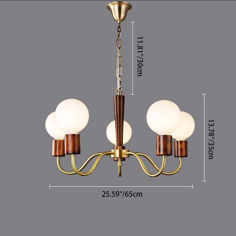 Contemporary Retro Curved Rod Branch Globe Wooden Copper Frame Glass Shade 3/5 Light Chandelier For Living Room