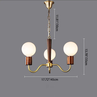 Contemporary Retro Curved Rod Branch Globe Wooden Copper Frame Glass Shade 3/5 Light Chandelier For Living Room