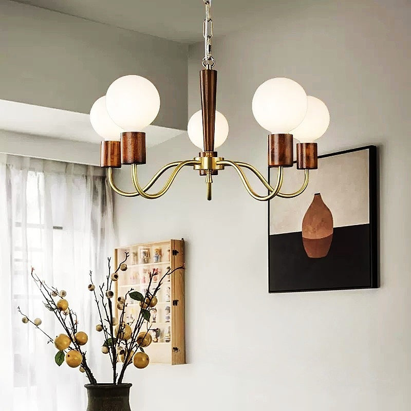 Contemporary Retro Curved Rod Branch Globe Wooden Copper Frame Glass Shade 3/5 Light Chandelier For Living Room