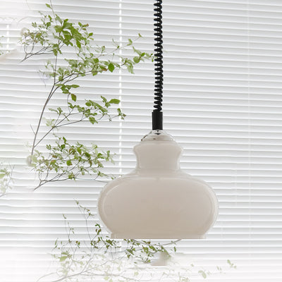 Zeitgenössische Retro-Creme Runde Ovale Eisen-Glas-Schirm 1-Licht Pendelleuchte Für Wohnzimmer 