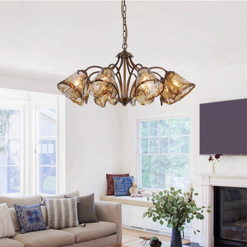 Traditional French Branch Irregular Cup Shape Copper Frame Glass Shade 6/8 Light Chandelier For Living Room