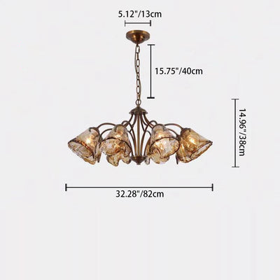 Traditional French Branch Irregular Cup Shape Copper Frame Glass Shade 6/8 Light Chandelier For Living Room