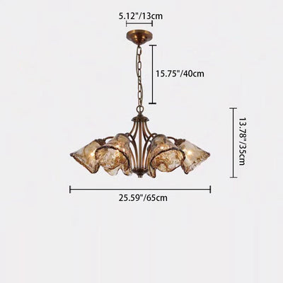 Traditional French Branch Irregular Cup Shape Copper Frame Glass Shade 6/8 Light Chandelier For Living Room