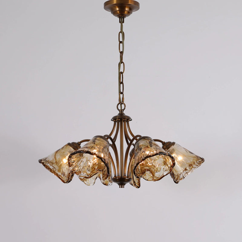 Traditional French Branch Irregular Cup Shape Copper Frame Glass Shade 6/8 Light Chandelier For Living Room