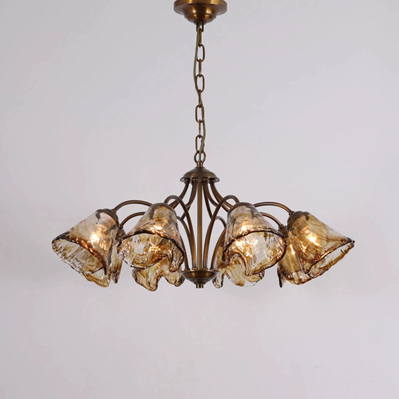 Traditional French Branch Irregular Cup Shape Copper Frame Glass Shade 6/8 Light Chandelier For Living Room