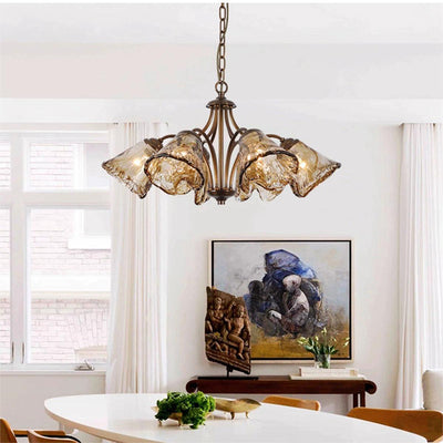 Traditional French Branch Irregular Cup Shape Copper Frame Glass Shade 6/8 Light Chandelier For Living Room