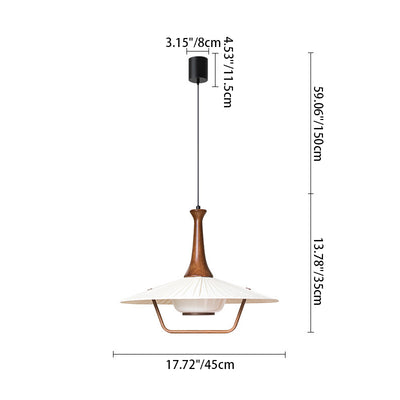 Zeitgenössische nordische runde fliegende Untertassenform Eisen Massivholz Stoff Glas 1-Licht Pendelleuchte für Wohnzimmer 