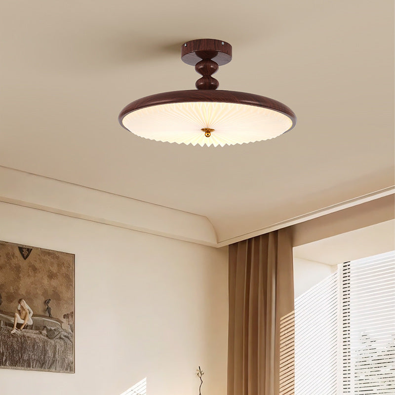 Contemporary Retro Round Disc Beads Pleated PVC Shade Iron Frame LED Semi-Flush Mount Ceiling Light For Bedroom