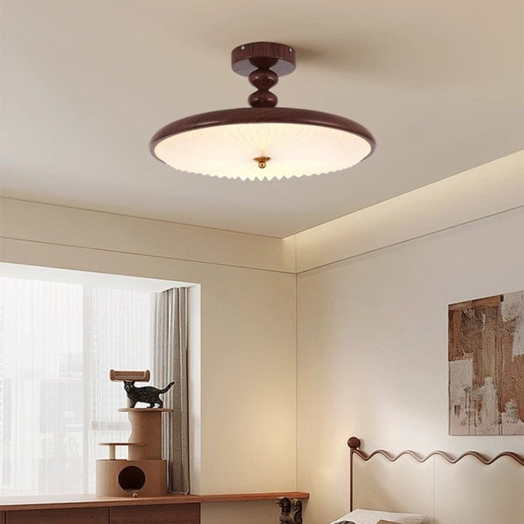 Contemporary Retro Round Disc Beads Pleated PVC Shade Iron Frame LED Semi-Flush Mount Ceiling Light For Bedroom