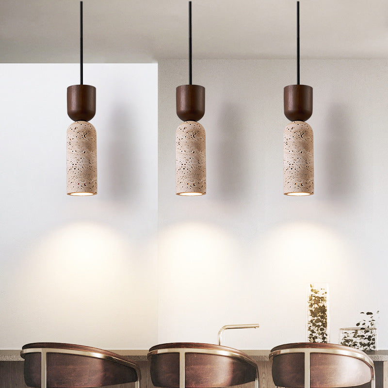 Contemporary Retro Cylinder Solid Wood Travertine 1-Light Pendant Light For Bedroom