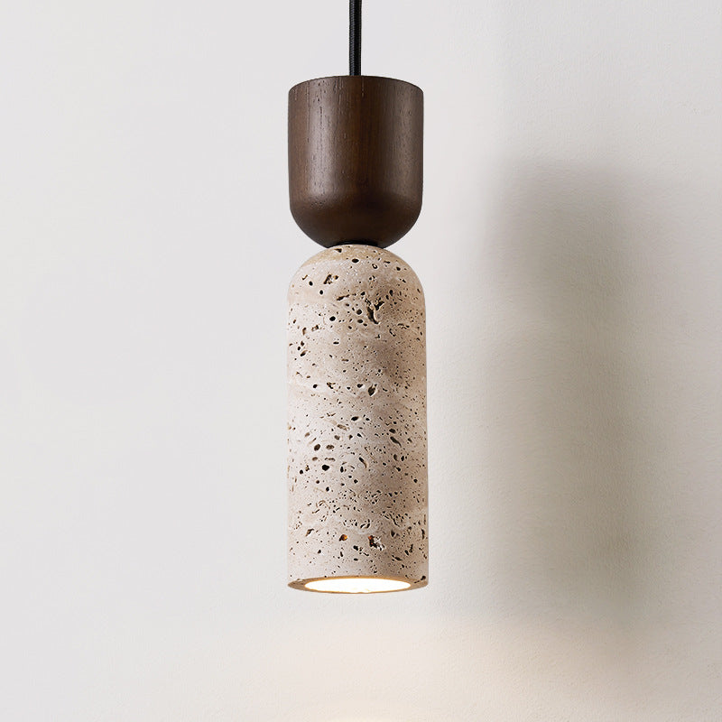 Contemporary Retro Cylinder Solid Wood Travertine 1-Light Pendant Light For Bedroom