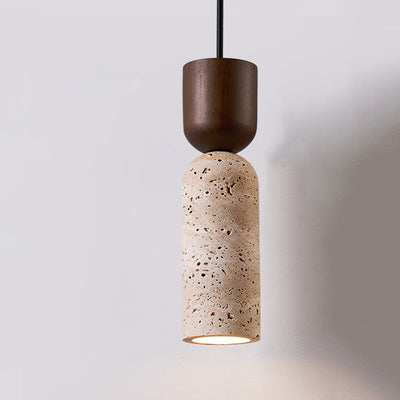 Contemporary Retro Cylinder Solid Wood Travertine 1-Light Pendant Light For Bedroom