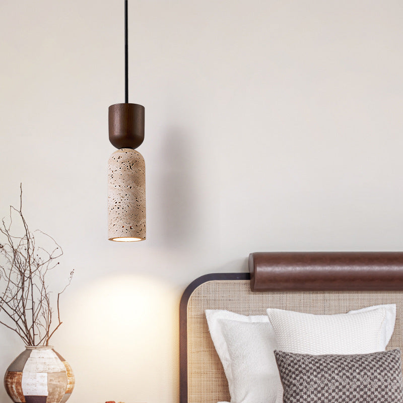 Contemporary Retro Cylinder Solid Wood Travertine 1-Light Pendant Light For Bedroom