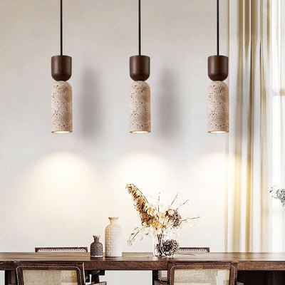 Contemporary Retro Cylinder Solid Wood Travertine 1-Light Pendant Light For Bedroom