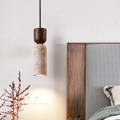 Contemporary Retro Cylinder Solid Wood Travertine 1-Light Pendant Light For Bedroom