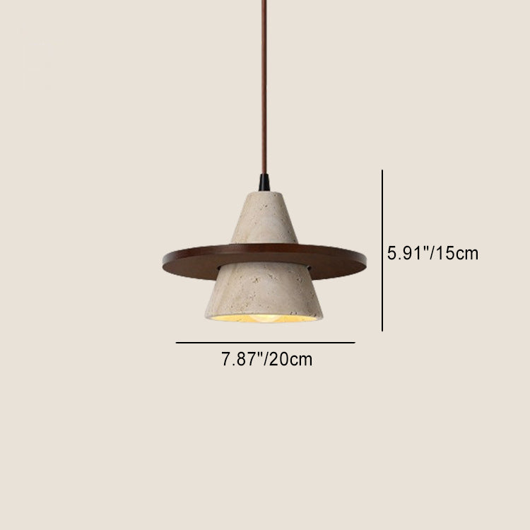 Traditional Japanese Conical Disc Solid Wood Yellow Travertine 1-Light Pendant Light For Bedroom