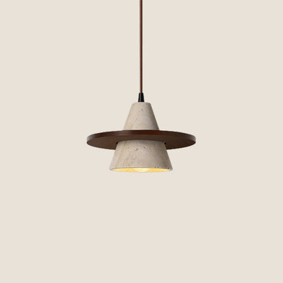 Traditional Japanese Conical Disc Solid Wood Yellow Travertine 1-Light Pendant Light For Bedroom