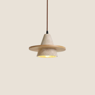 Traditional Japanese Conical Disc Solid Wood Yellow Travertine 1-Light Pendant Light For Bedroom