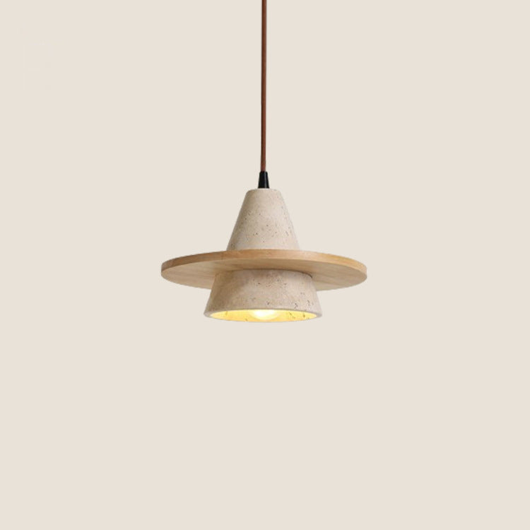 Traditional Japanese Conical Disc Solid Wood Yellow Travertine 1-Light Pendant Light For Bedroom