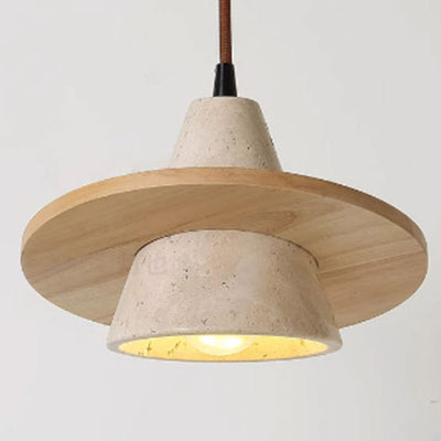 Traditional Japanese Conical Disc Solid Wood Yellow Travertine 1-Light Pendant Light For Bedroom