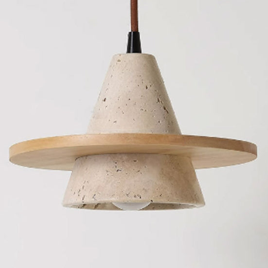 Traditional Japanese Conical Disc Solid Wood Yellow Travertine 1-Light Pendant Light For Bedroom