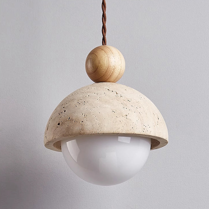 Traditional Japanese Multi Orb Wood Travertine 1-Light Pendant Light For Living Room