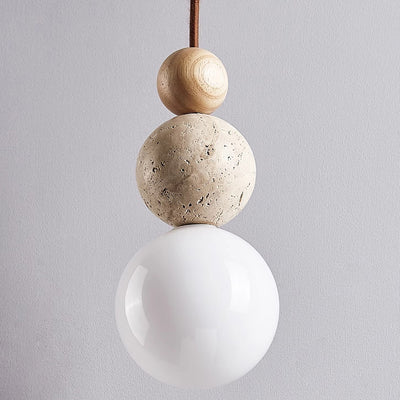 Traditional Japanese Multi Orb Wood Travertine 1-Light Pendant Light For Living Room