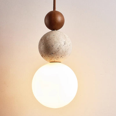 Traditional Japanese Multi Orb Wood Travertine 1-Light Pendant Light For Living Room