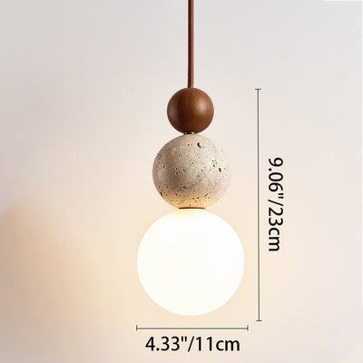 Traditional Japanese Multi Orb Wood Travertine 1-Light Pendant Light For Living Room