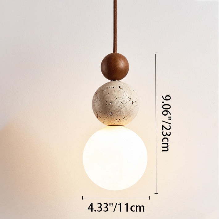 Traditional Japanese Multi Orb Wood Travertine 1-Light Pendant Light For Living Room