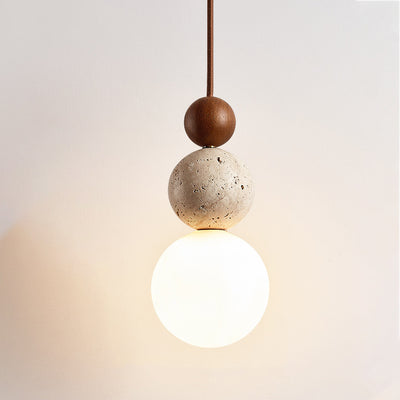 Traditional Japanese Multi Orb Wood Travertine 1-Light Pendant Light For Living Room