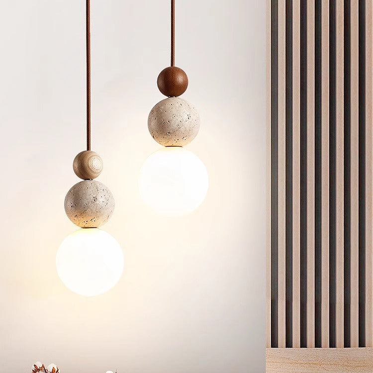 Traditional Japanese Multi Orb Wood Travertine 1-Light Pendant Light For Living Room