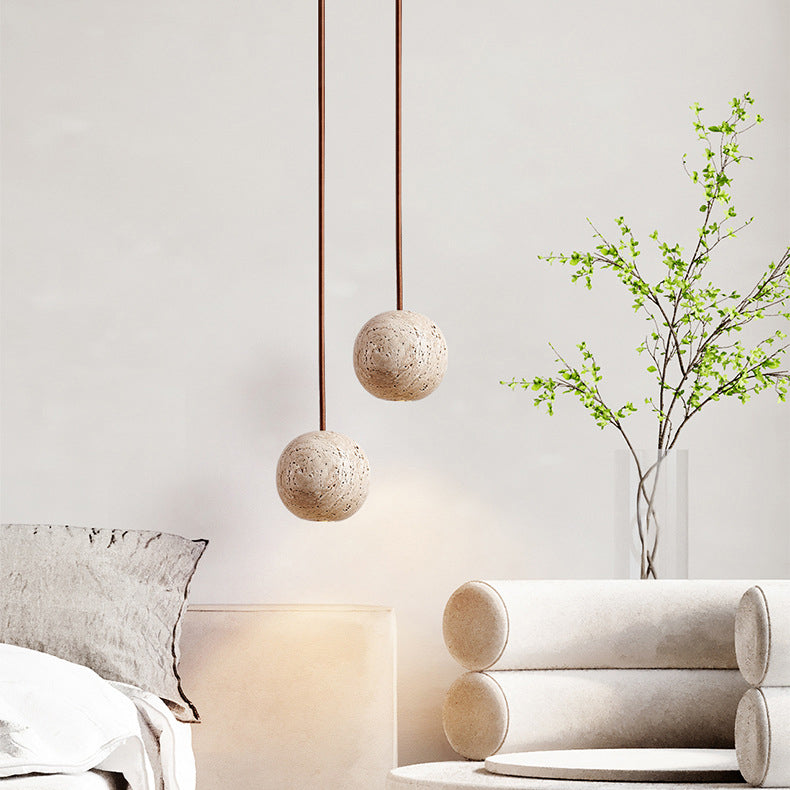 Traditional Japanese Globe Travertine 1-Light Pendant Light For Bedroom