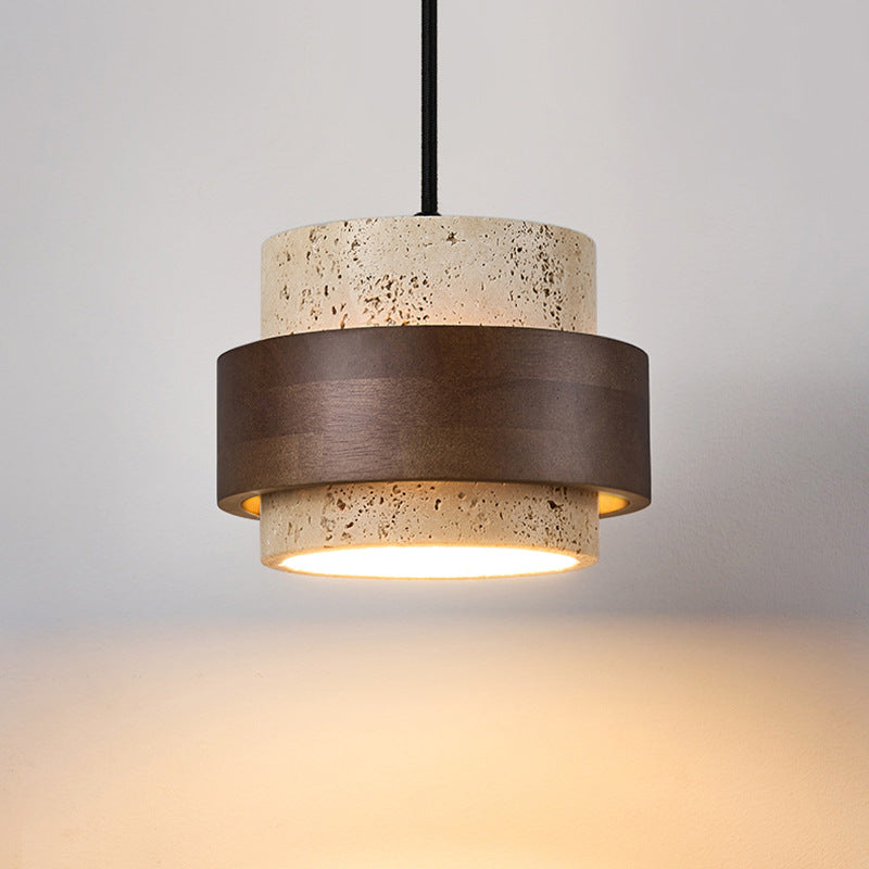 Traditional Japanese Cylinder Solid Wood Travertine 1-Light Pendant Light For Bedroom