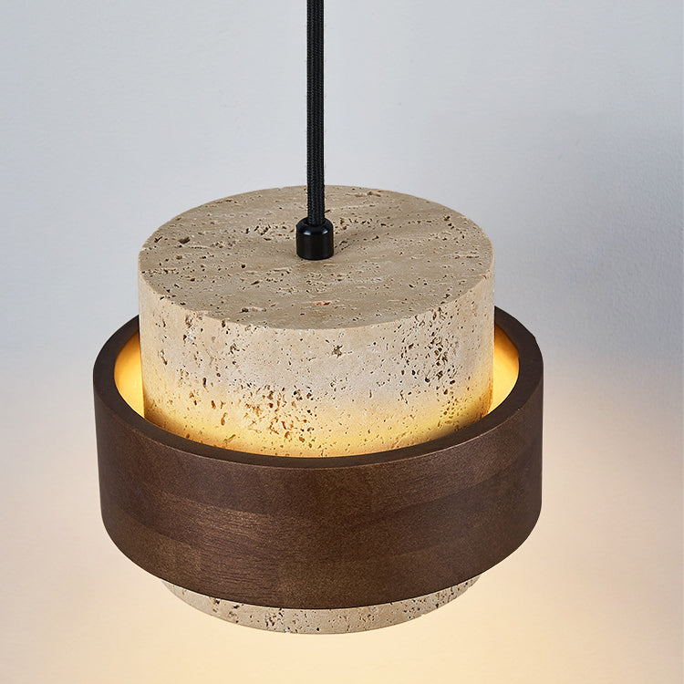 Traditional Japanese Cylinder Solid Wood Travertine 1-Light Pendant Light For Bedroom