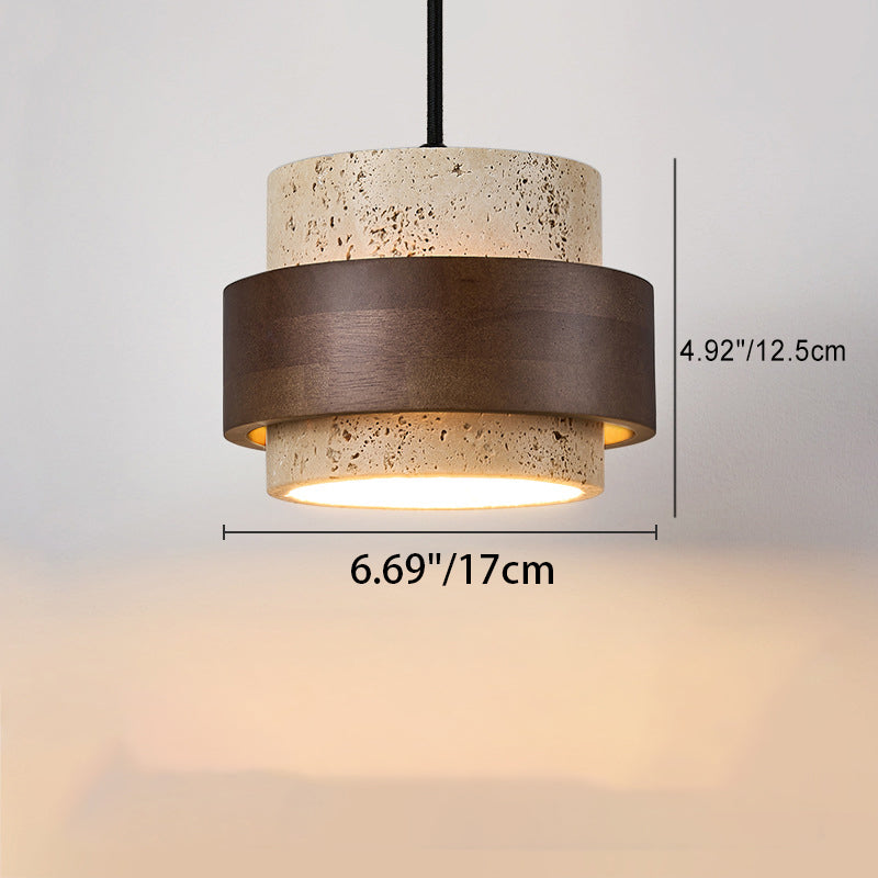 Traditional Japanese Cylinder Solid Wood Travertine 1-Light Pendant Light For Bedroom