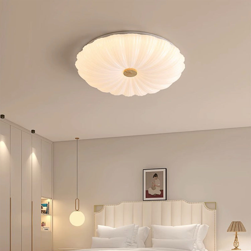 Modern Minimalist Round Flower Stripe Acrylic Shade Wood LED Flush Mount Ceiling Light For Bedroom