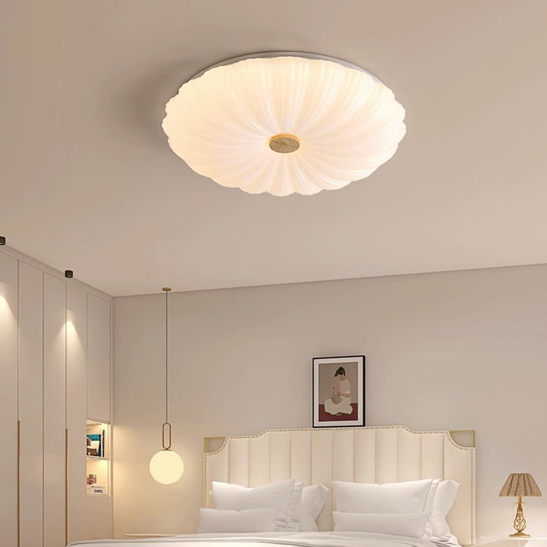 Modern Minimalist Round Flower Stripe Acrylic Shade Wood LED Flush Mount Ceiling Light For Bedroom