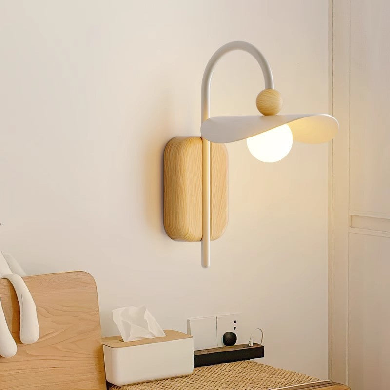 Modern Minimalist Curved Pole Round Globe Wood Iron Frame Glass Shade 1-Light Wall Sconce Lamp For Bedroom