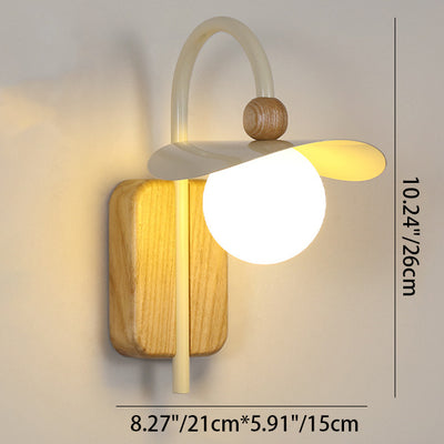 Modern Minimalist Curved Pole Round Globe Wood Iron Frame Glass Shade 1-Light Wall Sconce Lamp For Bedroom