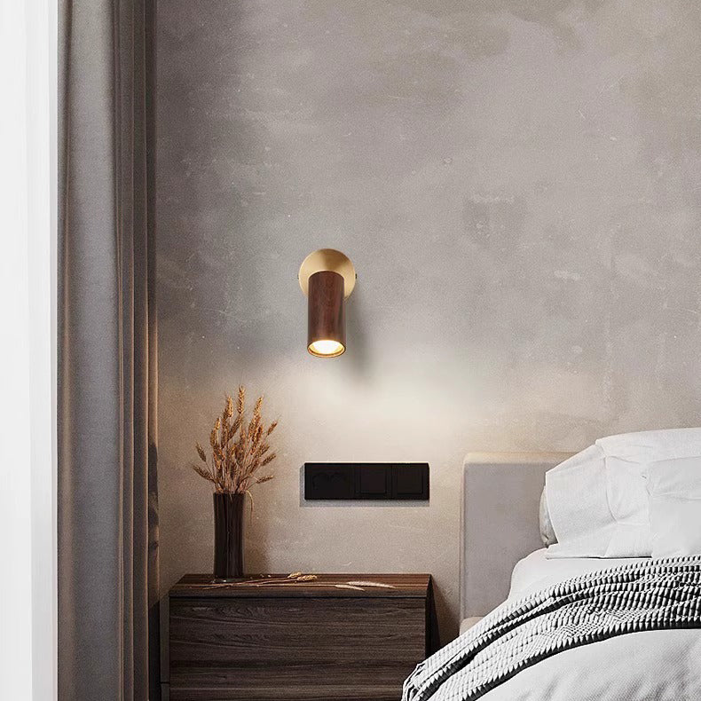 Modern Minimalist Round Cylinder Copper Wood Shade LED Wall Sconce Lamp For Bedroom