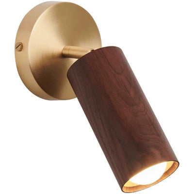 Modern Minimalist Round Cylinder Copper Wood Shade LED Wall Sconce Lamp For Bedroom