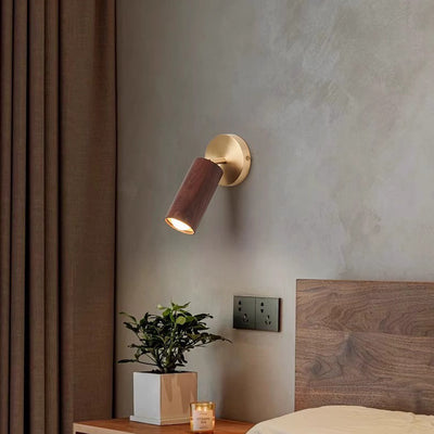 Modern Minimalist Round Cylinder Copper Wood Shade LED Wall Sconce Lamp For Bedroom