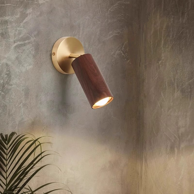 Modern Minimalist Round Cylinder Copper Wood Shade LED Wall Sconce Lamp For Bedroom