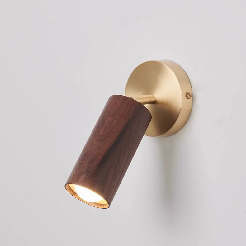 Modern Minimalist Round Cylinder Copper Wood Shade LED Wall Sconce Lamp For Bedroom