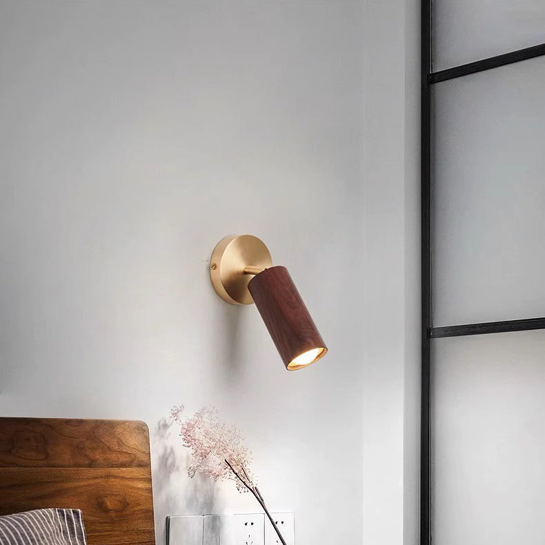 Modern Minimalist Round Cylinder Copper Wood Shade LED Wall Sconce Lamp For Bedroom